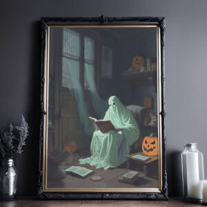 A Ghost's Passion For Books Poster, Ghost Art Print, Halloween Ghost Print, Haunting Ghost, Dark Academia Room Decor, Halloween Decor - Best gifts your whole family