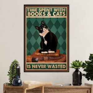 Cute Cat Poster Prints | Loves Books & Cats | Wall Art Gift for Cat Kitties Lover