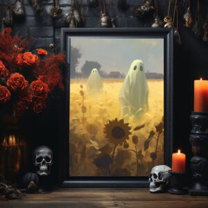 Cute Ghosts In Sunflower Field, Ghosts Art Print, Halloween Art Print, Halloween Decor, Spooky Vintage Halloween, Print Wall Art, Halloween Gift - Best gifts your whole family
