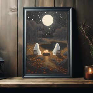 Ghost Gazing At The Moon In A Starlit Sky,Home Decor, Cute Little Ghost Face, Vintage Poster, Dark Academia, Haunting Ghost, Halloween Decor - Best gifts your whole family
