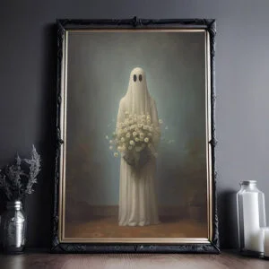 Ghost Holding Flowers, Ghost Portrait Digital Print, Vintage Poster, Art Poster Print, Dark Academia, Haunting Ghost, Halloween Decor - Best gifts your whole family