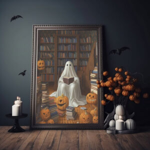 Ghost Is Reading Book Poster, The Haunted Library, Halloween Ghost Print, Haunting Ghost, Dark Academia Room Decor, Halloween Decor - Best gifts your whole family