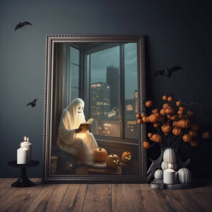 Ghost Reading Book By The Window In The Big City,Ghost Posters, Ghost Art Print, Vintage Poster, Dark Academia, Halloween Decor, Wall Art - Best gifts your whole family