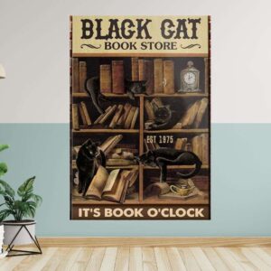 It’s Book O’clock Bookshelf Black Cats Vintage Poster, Cat Lovers Wall Art, Cat Mom Dad Gift