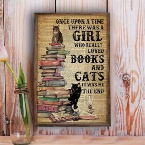 Once Upon A Time There Was A Girl Who Really Loved Books And Cats Vintage Poster, Cat Lovers Wall Art