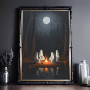 The Specters Gathering To Read Books Poster, Cute Little Ghost Face, Vintage Poster, Dark Academia, Haunting Ghost, Halloween Decor - Best gifts your whole family