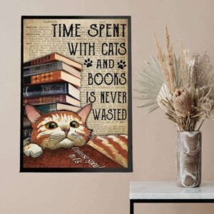 Time Spent With Cats And Books Is Never Wasted Vintage Poster, Cat Reading Book Vintage Poster, Cat Lovers Wall Art