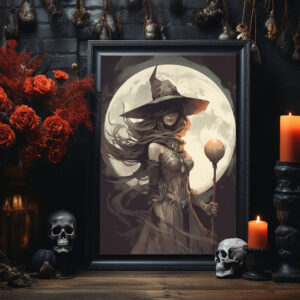 Witch With Full Moon Poster, Witch Print, Witch Poster, Spooky Art, Dark Academia, Witch Ghost, Halloween Decor,Halloween Poster - Best gifts your whole family